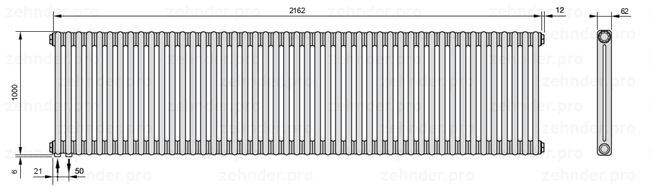 Схема (чертеж) Радиатор Zehnder Charleston 2100/47 №3370 Белый глянцевый RAL 9016